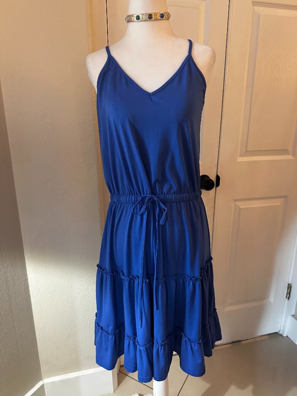 Royal Blue Tiered Mini Dress V-Neck Drawstring Waist Sleeveless Size M